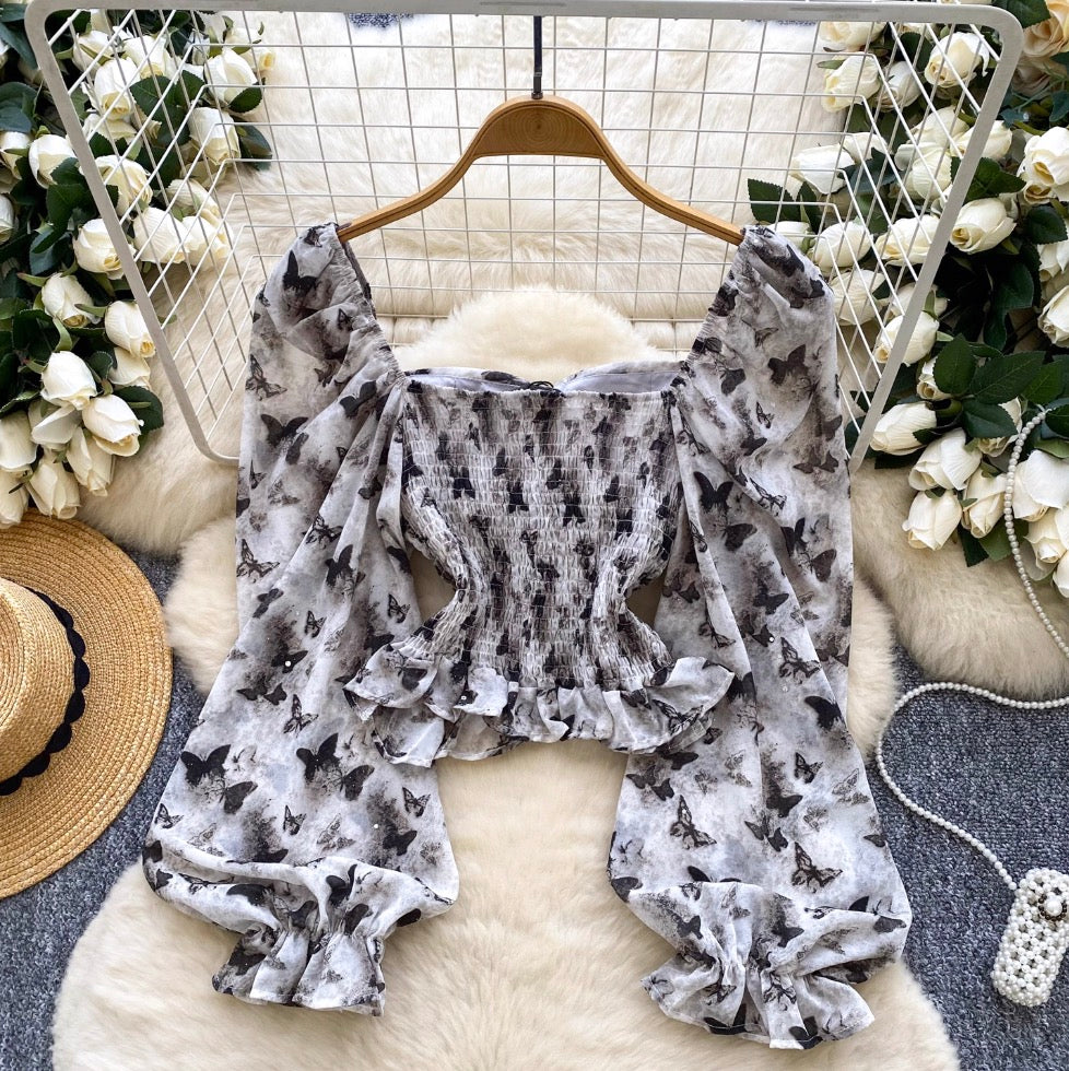 Square Neckline Printed Chiffon Shirt