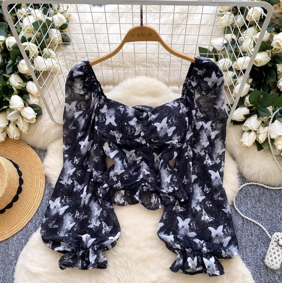Square Neckline Printed Chiffon Shirt