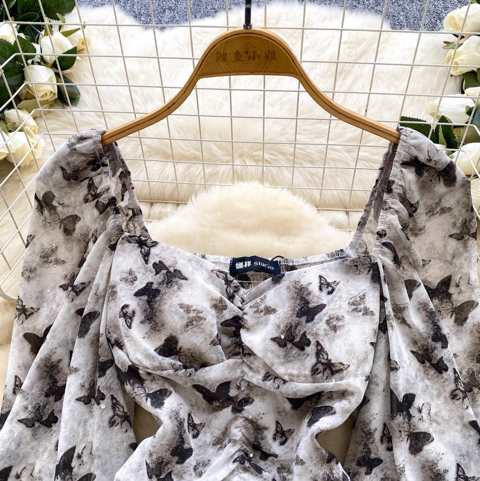 Square Neckline Printed Chiffon Shirt