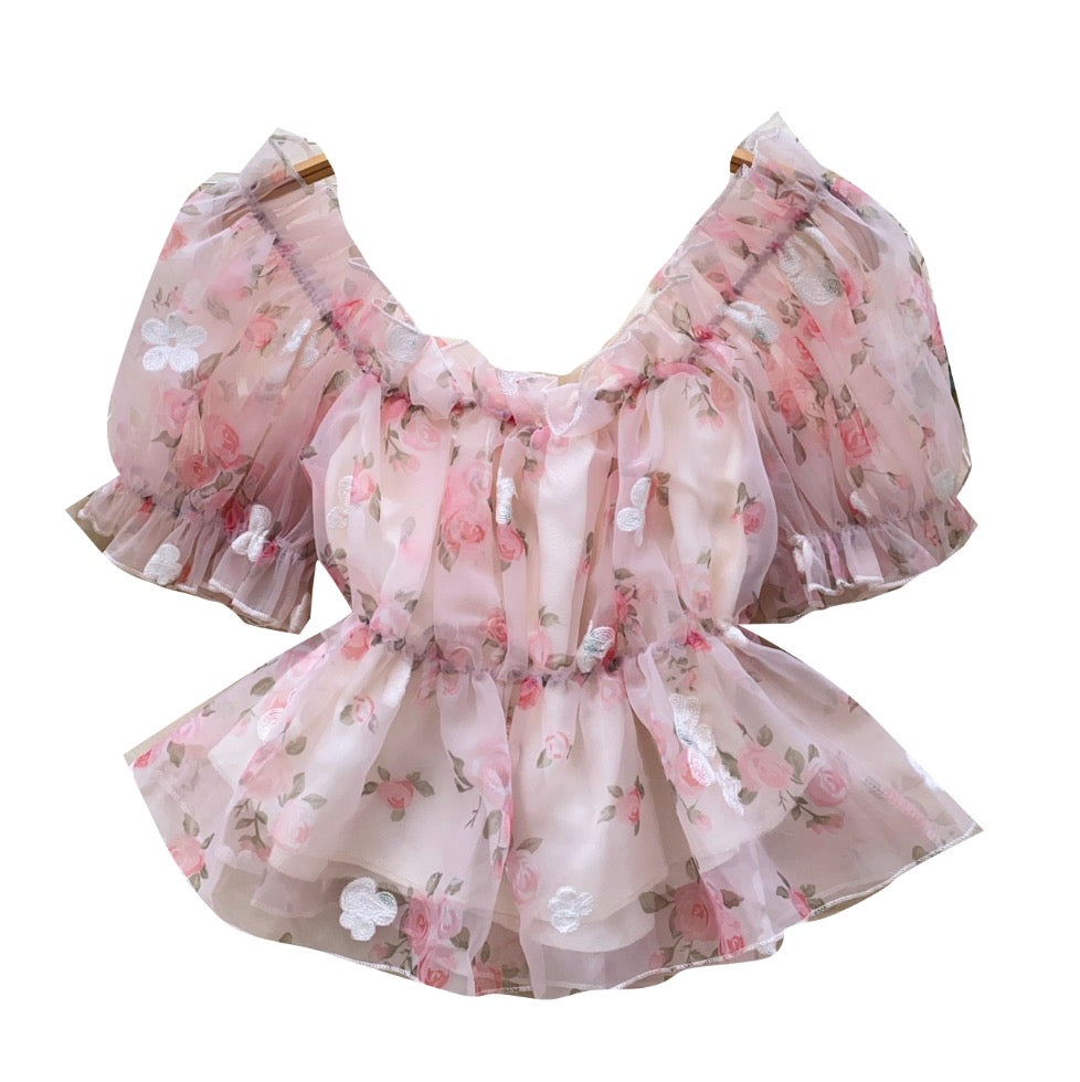 Sweetie Puffy Sleeve Embroidery Floral Shirt