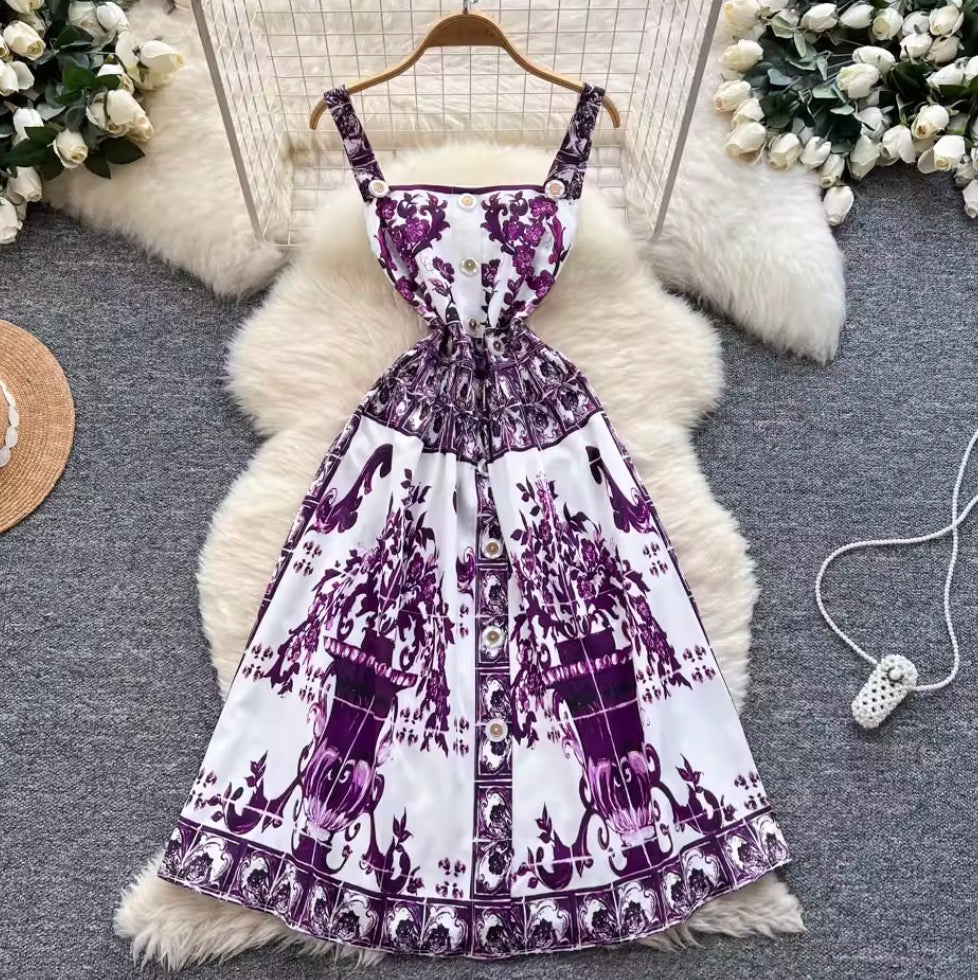Vintage Single-breasted Printed Slip Dress
