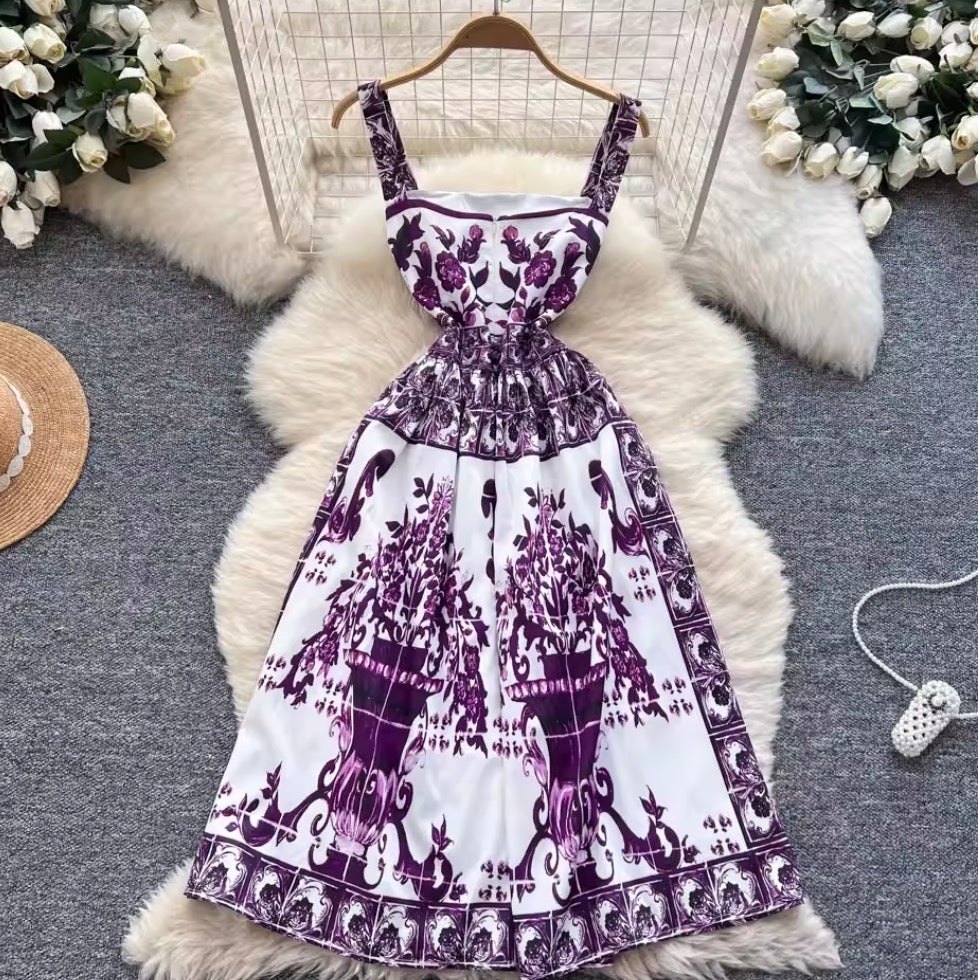 Vintage Single-breasted Printed Slip Dress
