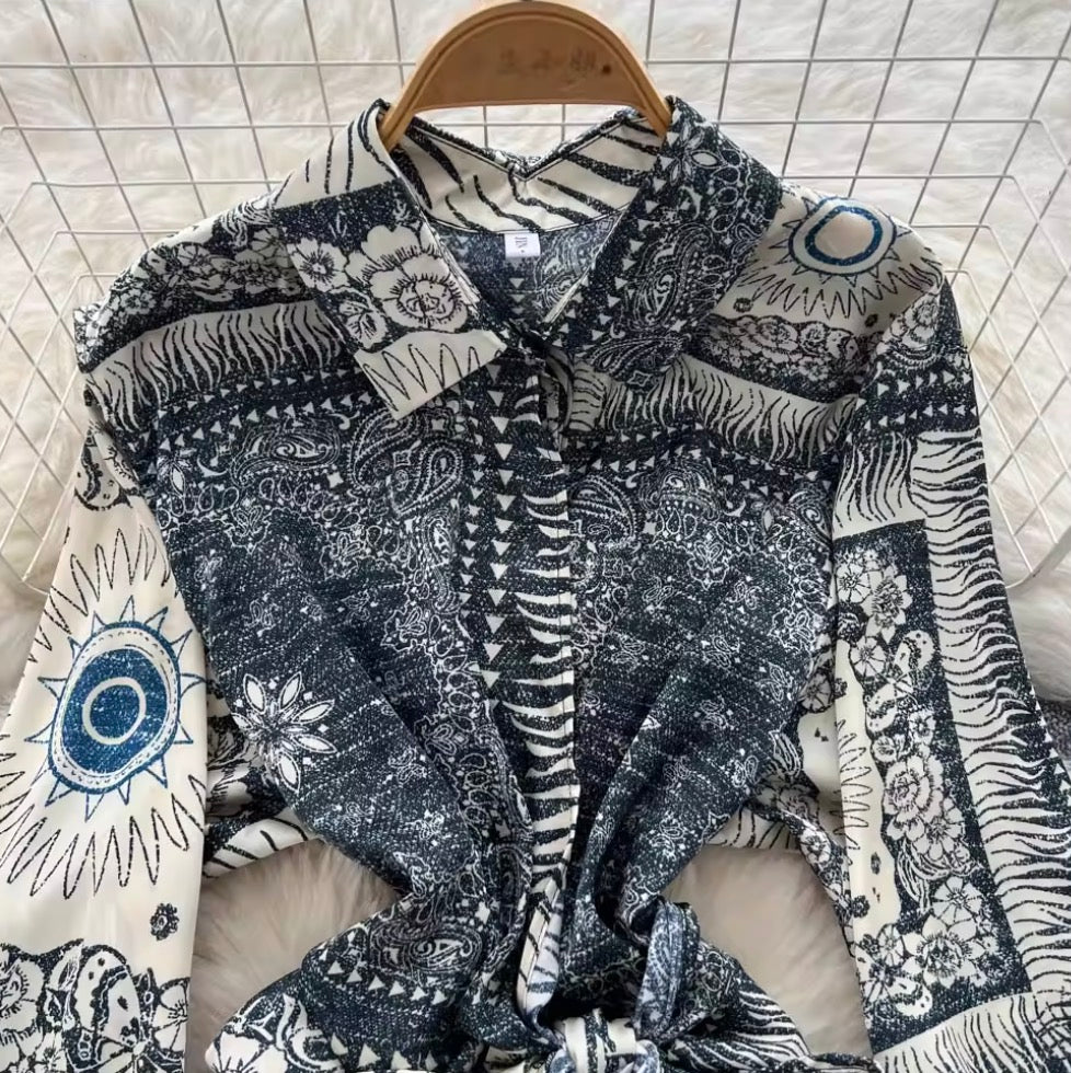 Lace-up Shirt & Draped Trousers Printed 2Pcs