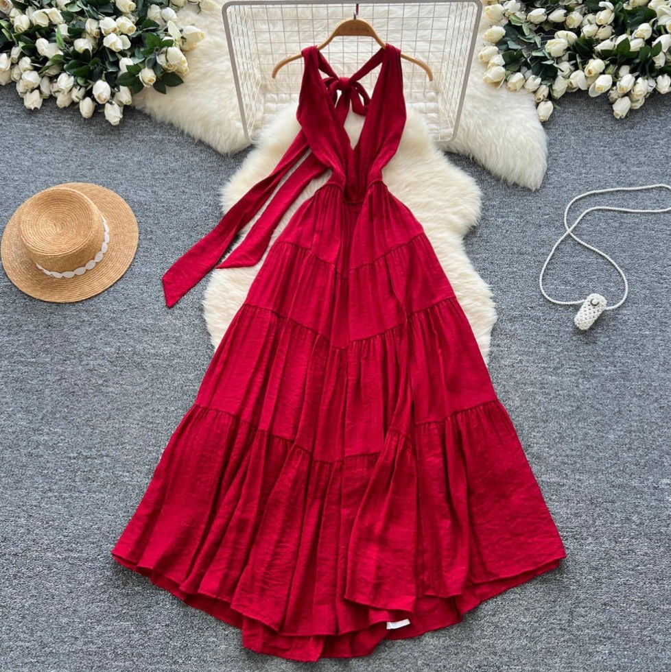 Backeless Lace-up Halter Dress