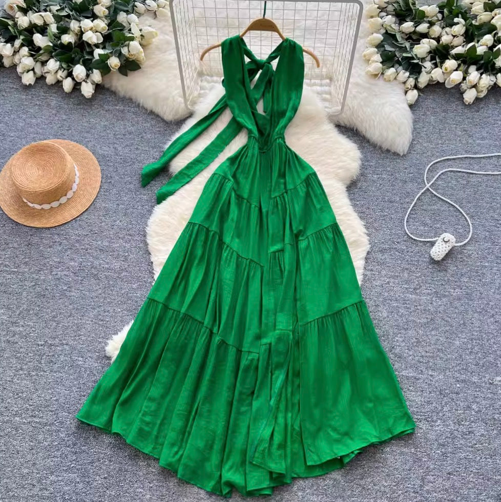 Backeless Lace-up Halter Dress