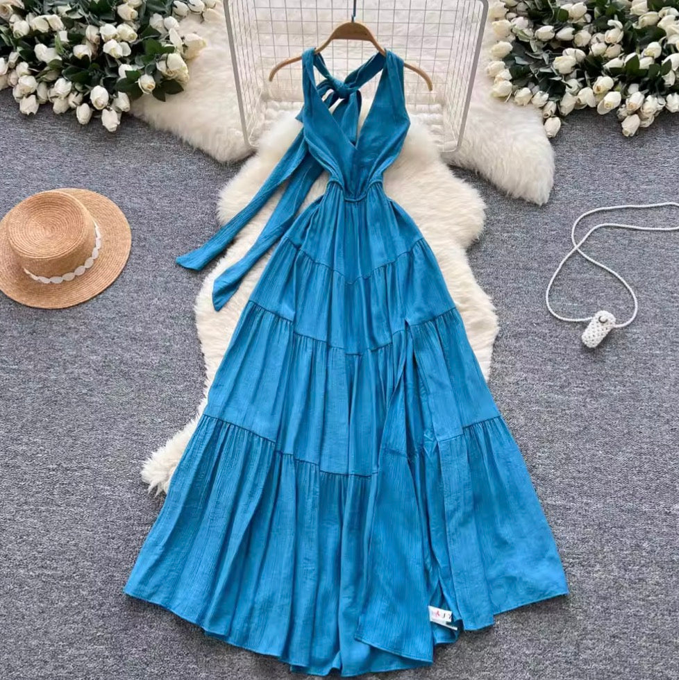 Backeless Lace-up Halter Dress