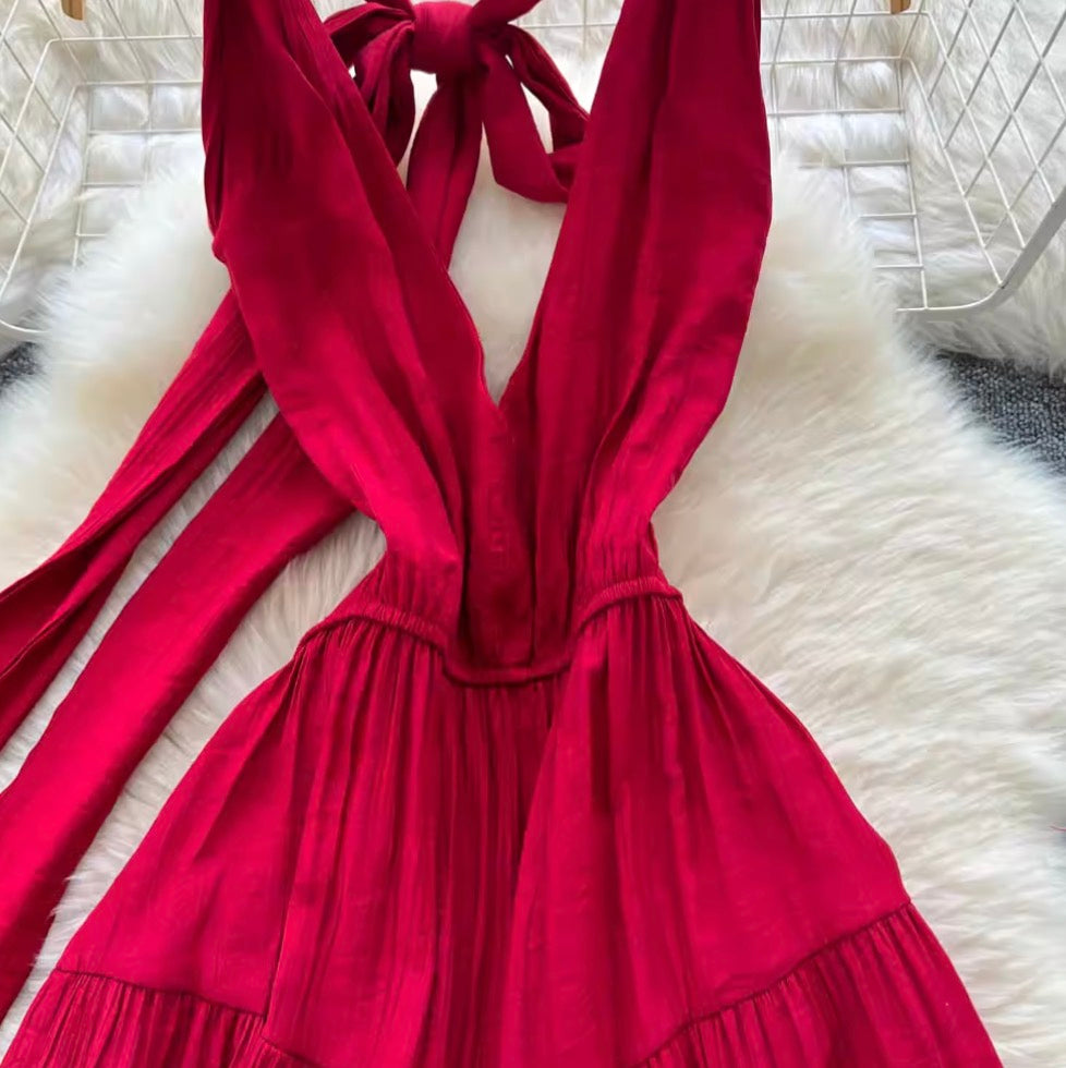 Backeless Lace-up Halter Dress