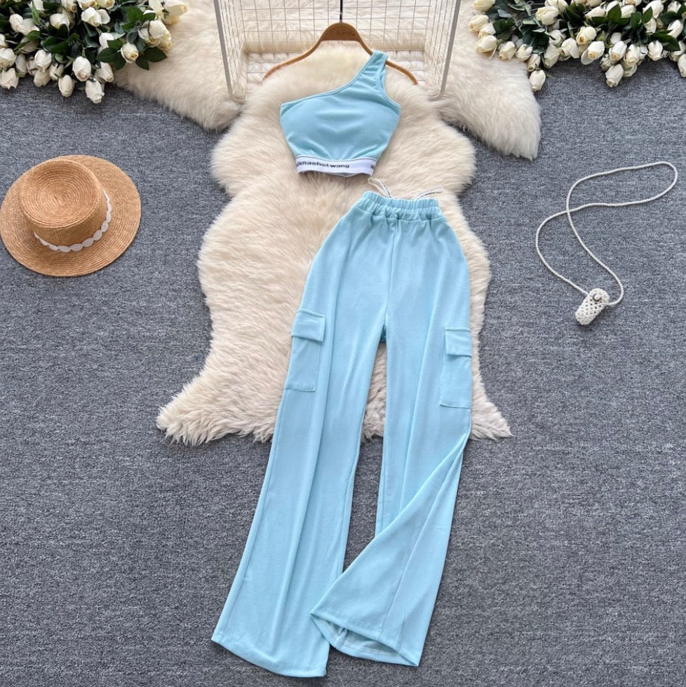 Slant Neckline Vest & Trousers Sportswear 2Pcs