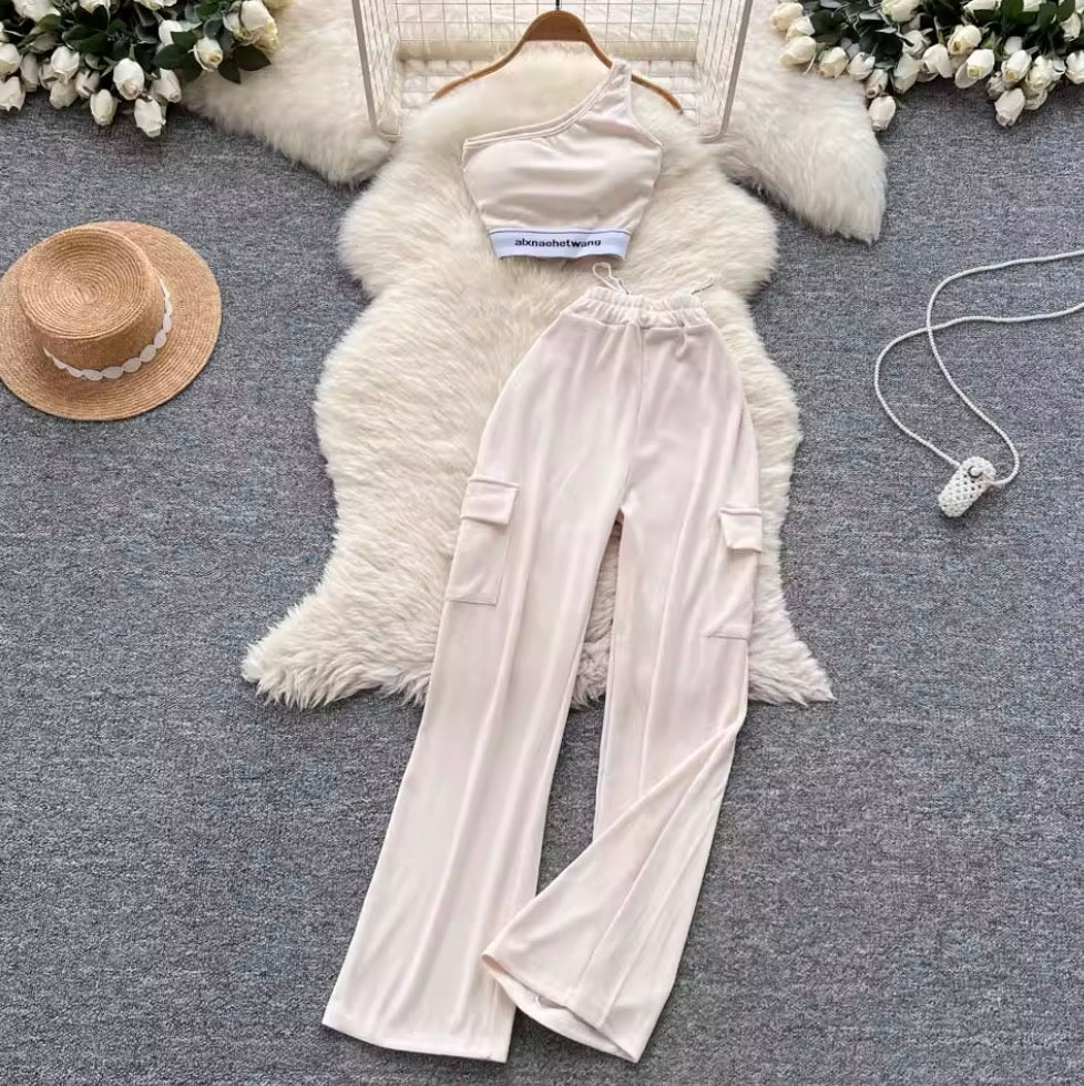 Slant Neckline Vest & Trousers Sportswear 2Pcs