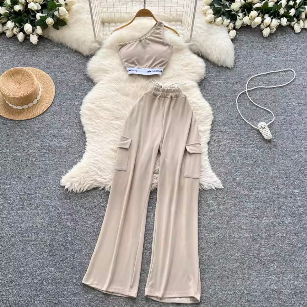 Slant Neckline Vest & Trousers Sportswear 2Pcs
