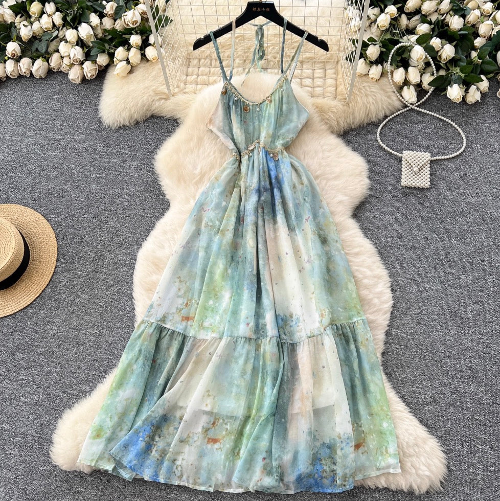 Tie-dye Fringed Mesh Slip Dress
