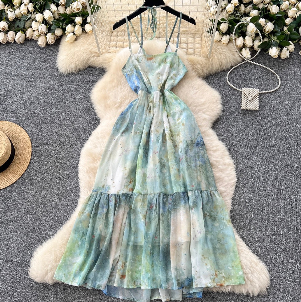 Tie-dye Fringed Mesh Slip Dress