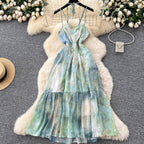 Tie-dye Fringed Mesh Slip Dress