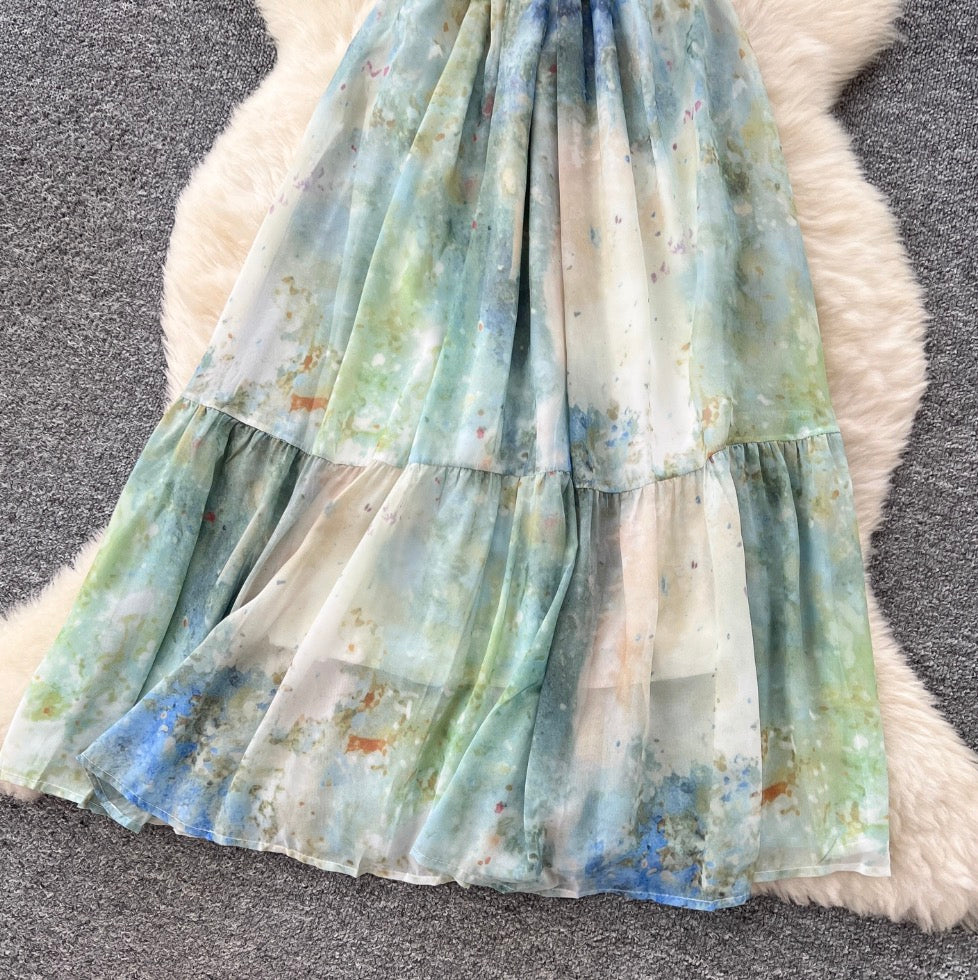 Tie-dye Fringed Mesh Slip Dress