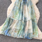 Tie-dye Fringed Mesh Slip Dress