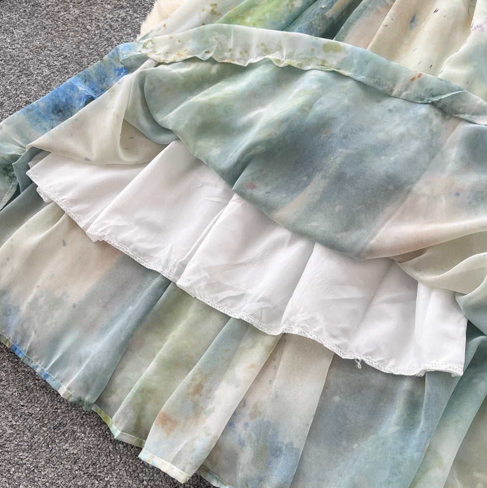 Tie-dye Fringed Mesh Slip Dress