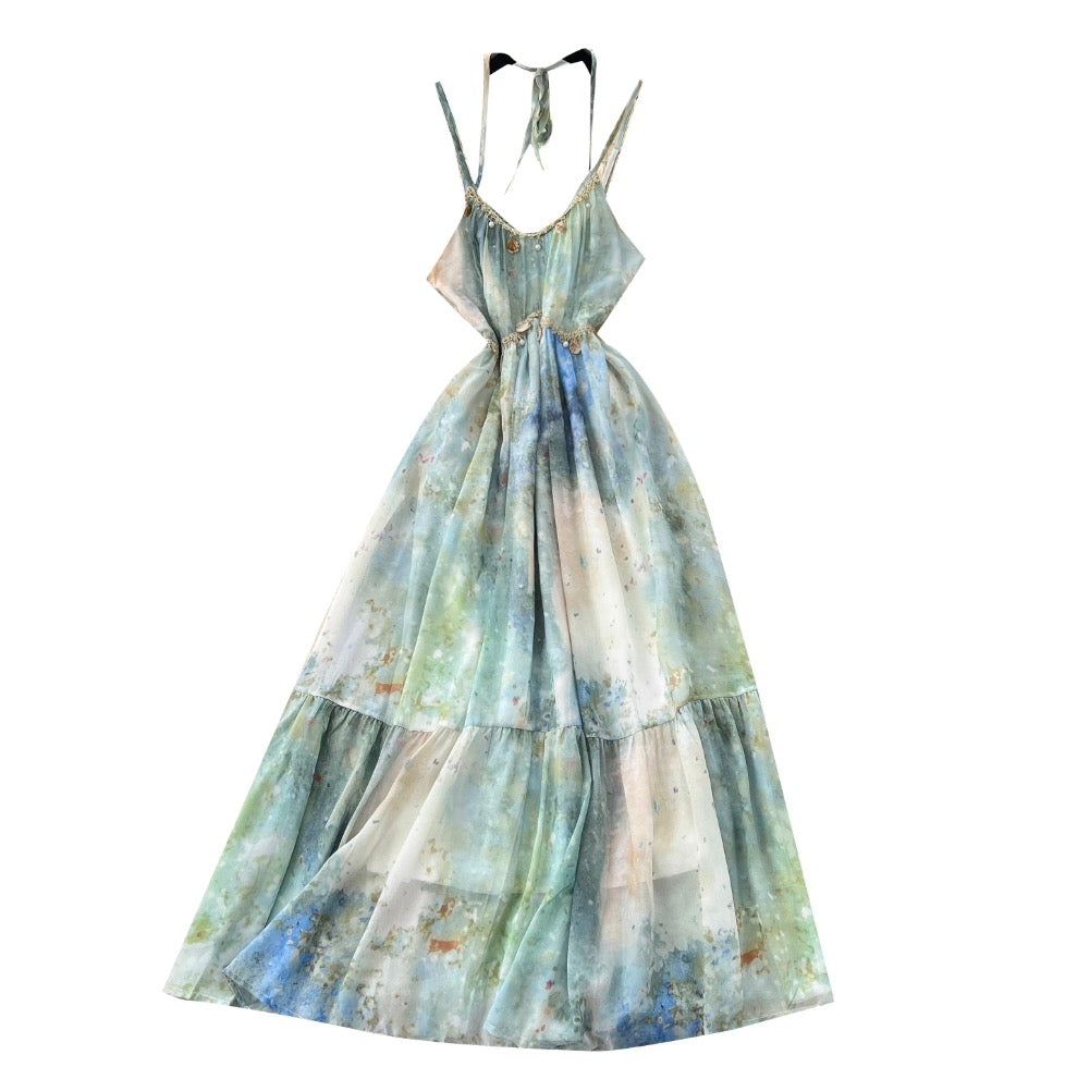 Tie-dye Fringed Mesh Slip Dress