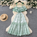 Off-shoulder Ruffled Embroidered Slip Dress