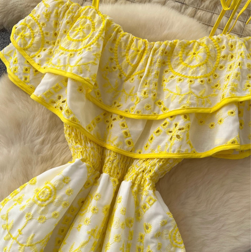 Off-shoulder Ruffled Embroidered Slip Dress