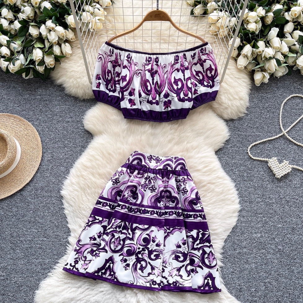 Puffy Sleeve Top & Skirt Printed 2Pcs