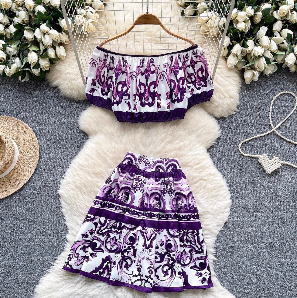 Puffy Sleeve Top & Skirt Printed 2Pcs