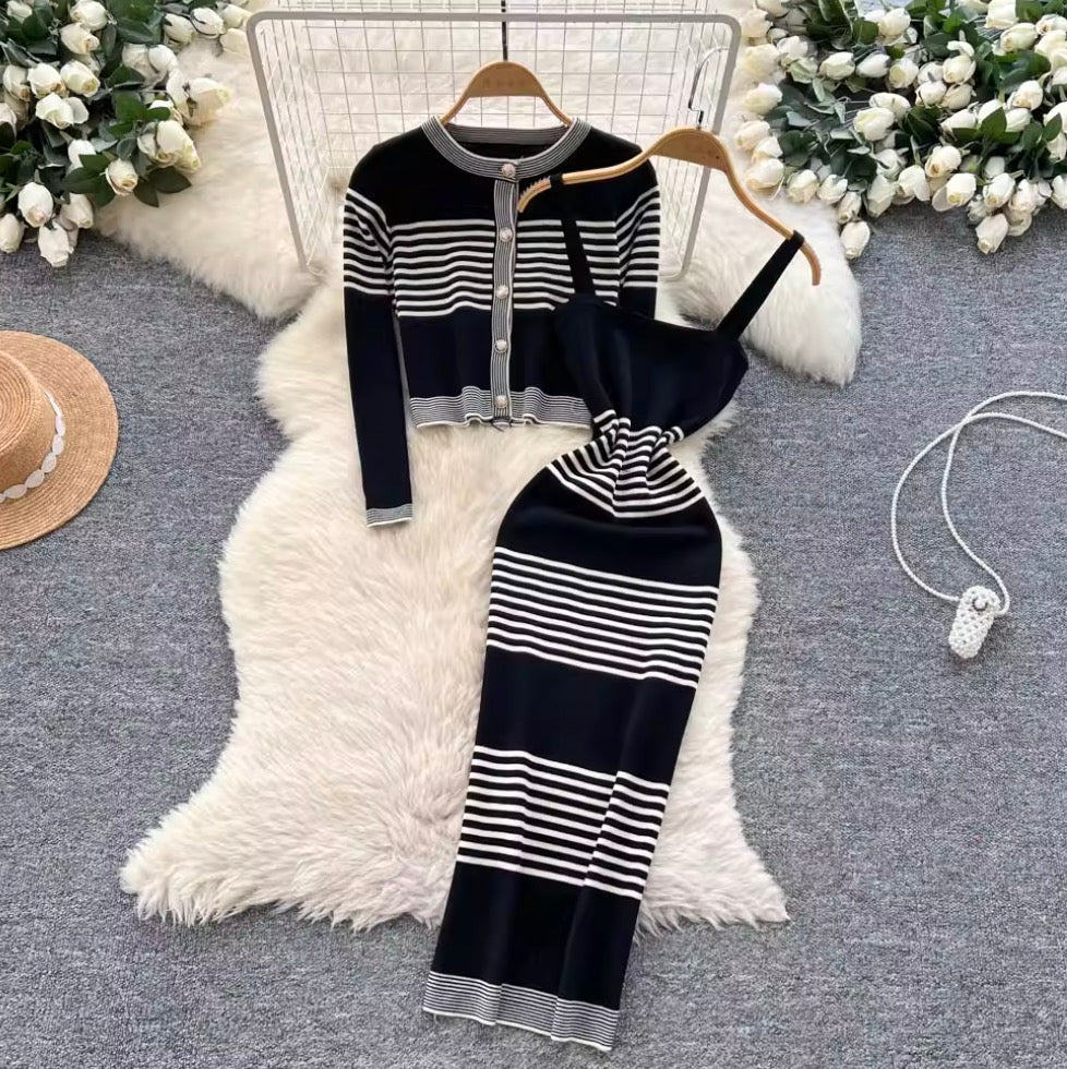 Striped Cardigan & Slip Dress 2Pcs