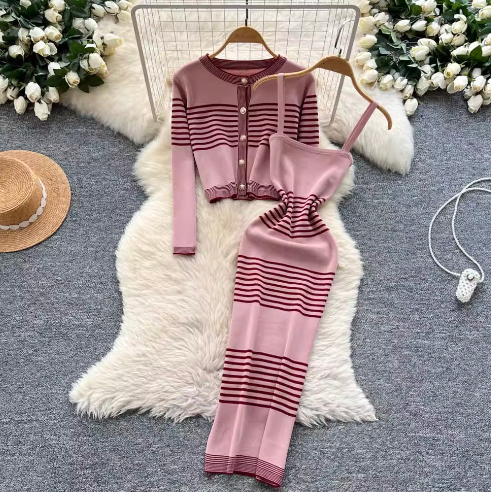 Striped Cardigan & Slip Dress 2Pcs