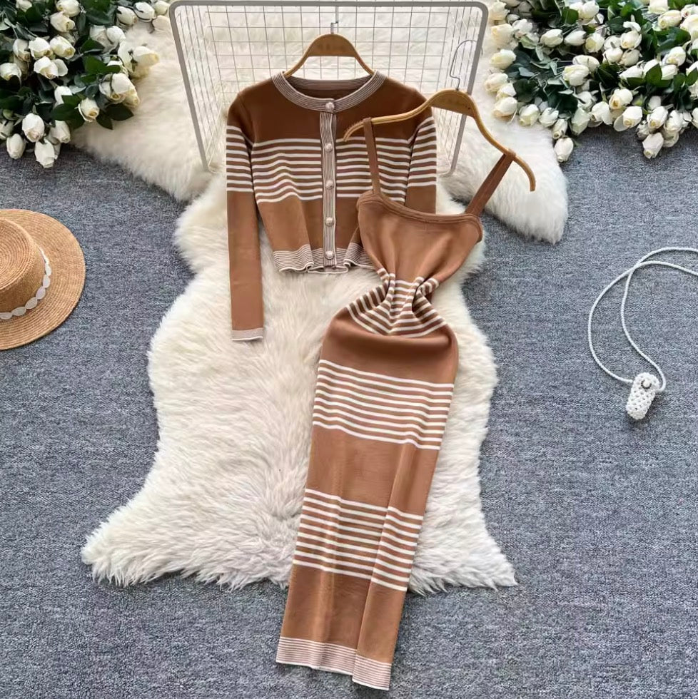 Striped Cardigan & Slip Dress 2Pcs