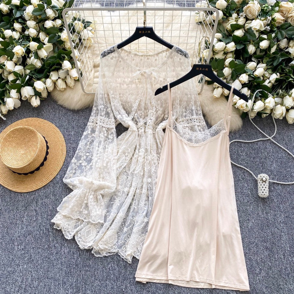 Fairy Embroidered Apricot Mesh Dress