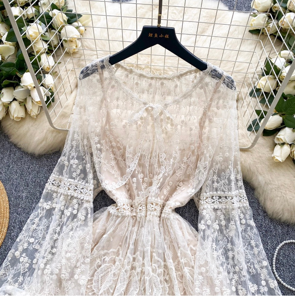 Fairy Embroidered Apricot Mesh Dress