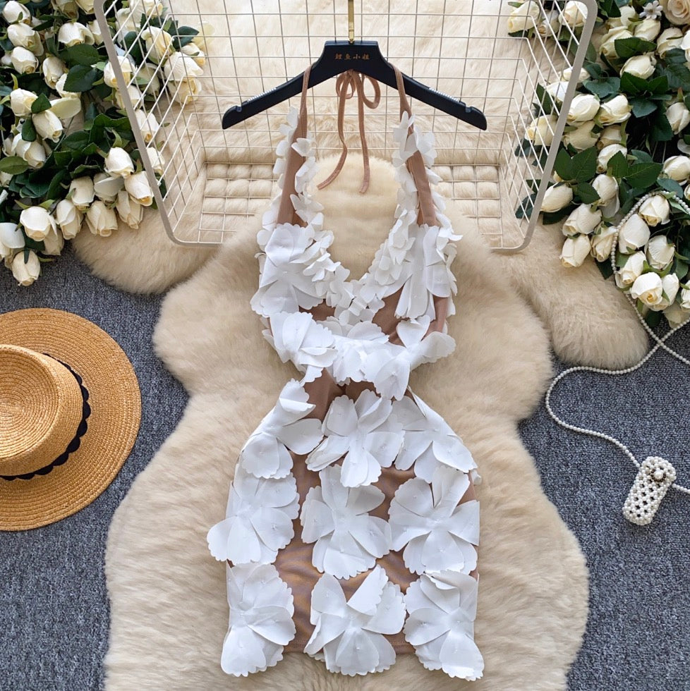 High-end 3D Flower Halter Dress