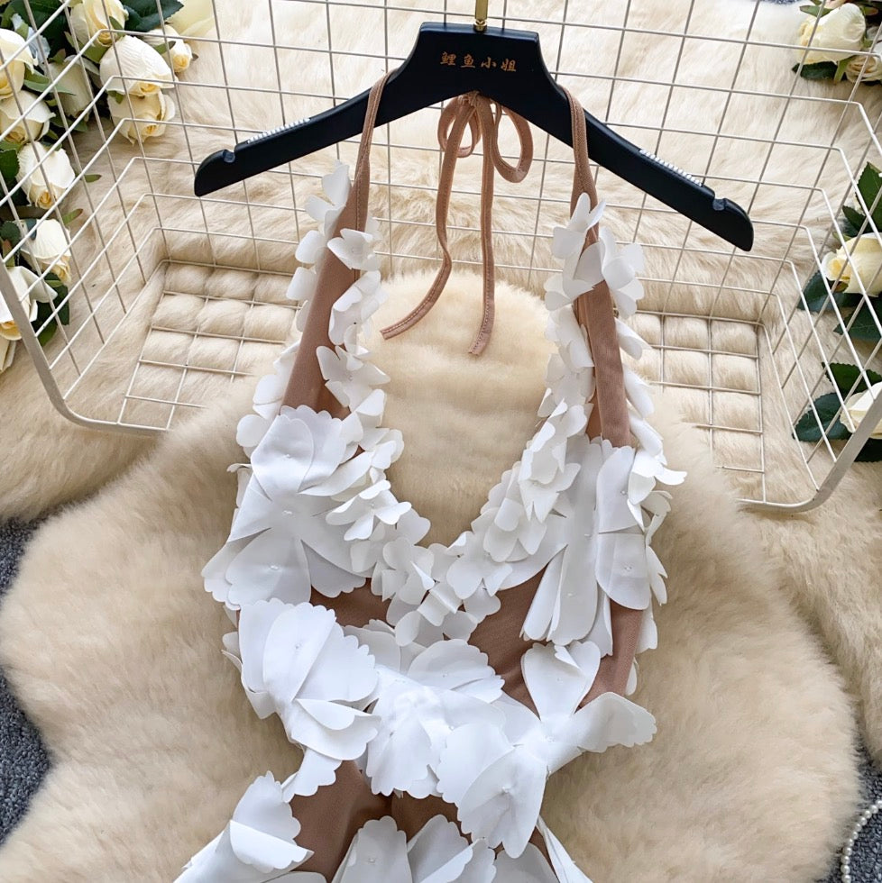 High-end 3D Flower Halter Dress