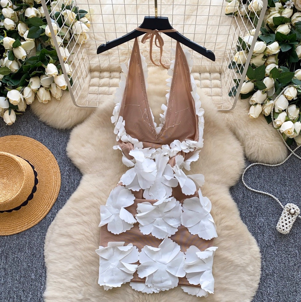 High-end 3D Flower Halter Dress