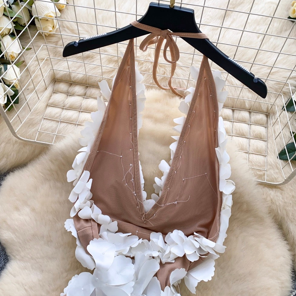 High-end 3D Flower Halter Dress