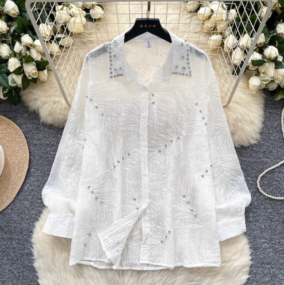 Premium Rhinestone Studded Jacquard Shirt