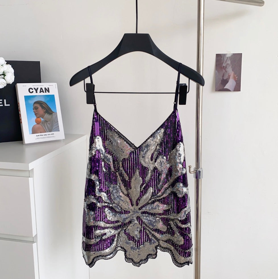 Chic Sequined Mesh Camisole Top