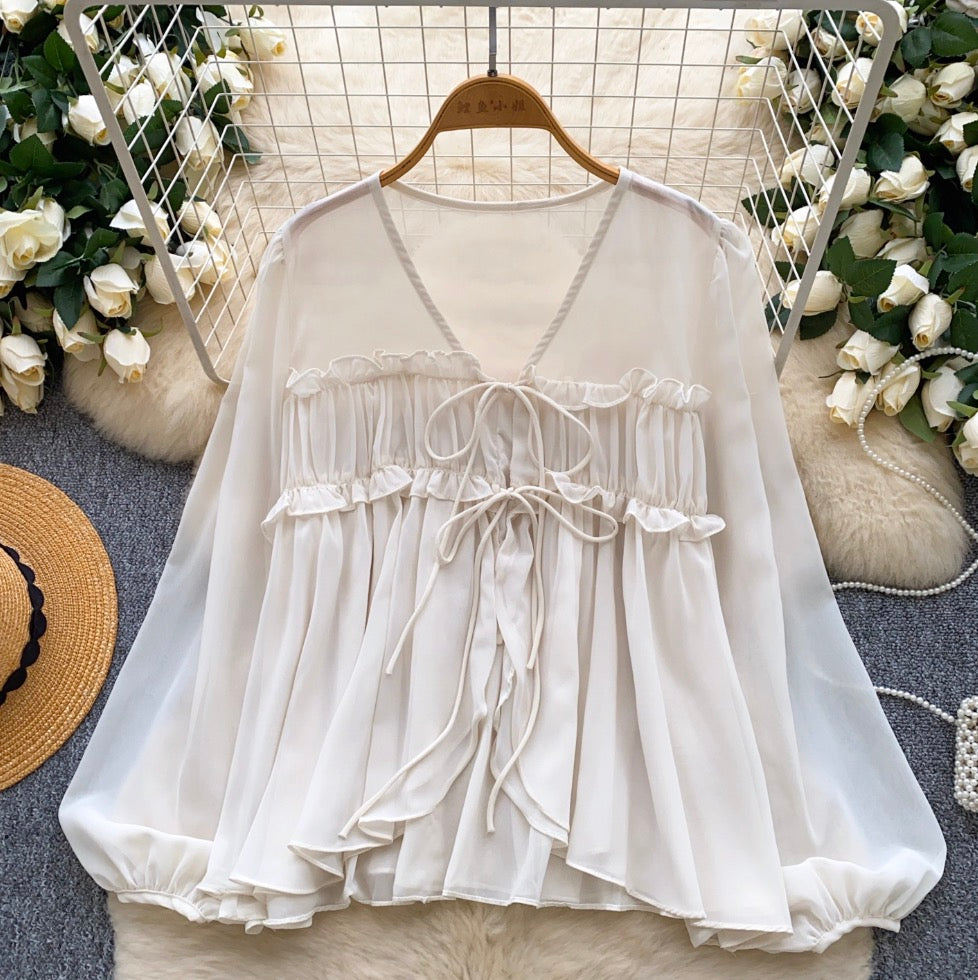 V-neck Flared Sleeve Chiffon Shirt