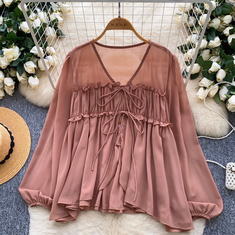 V-neck Flared Sleeve Chiffon Shirt