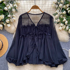 V-neck Flared Sleeve Chiffon Shirt