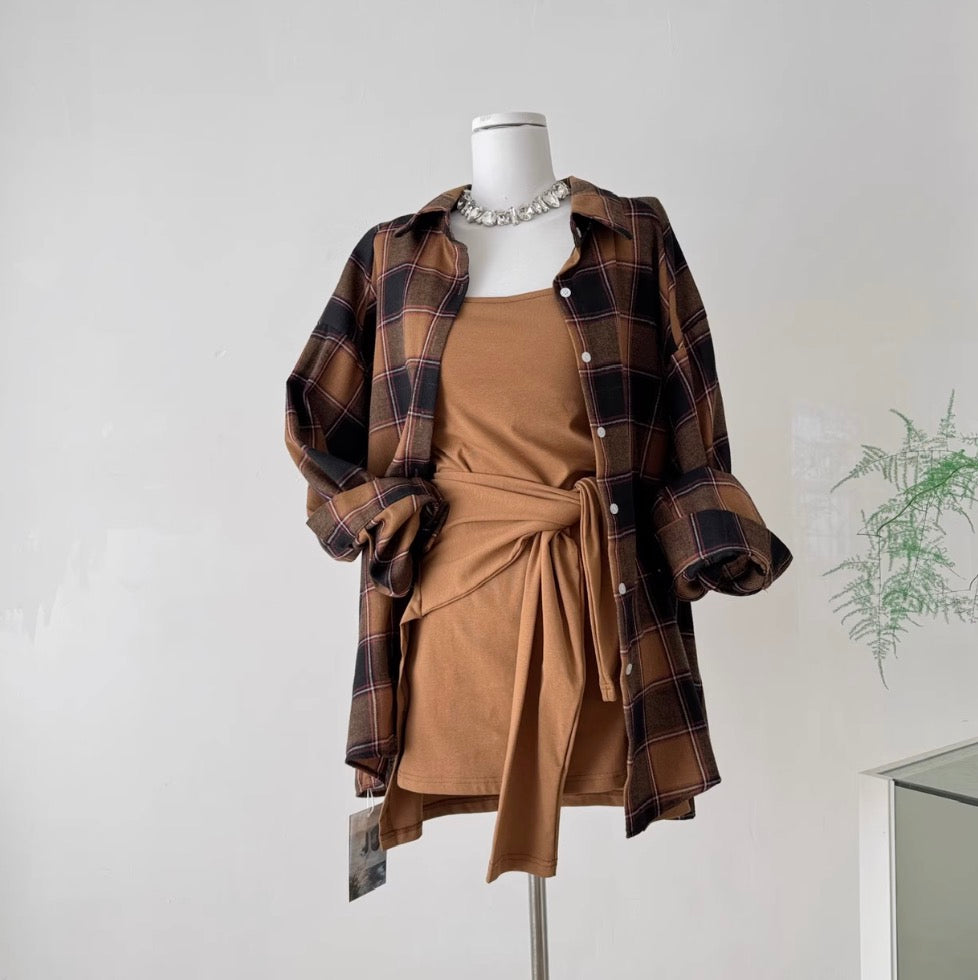 Knotted Slip Dress & Plaid Shirt 2Pcs