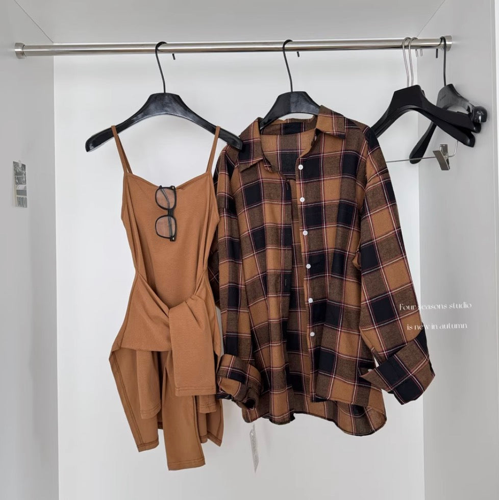 Knotted Slip Dress & Plaid Shirt 2Pcs