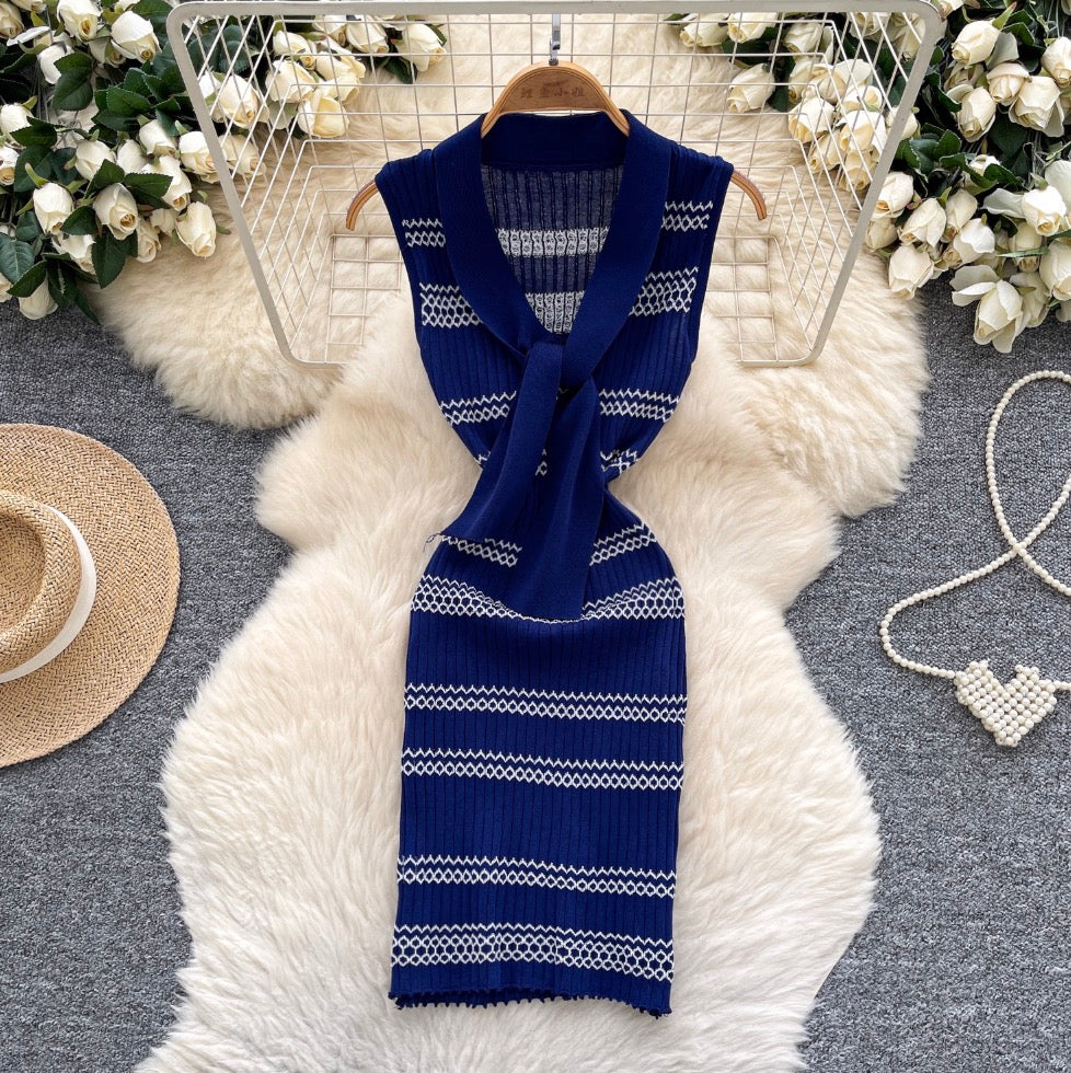 Vintage Color-blocking Stripe Knit Dress
