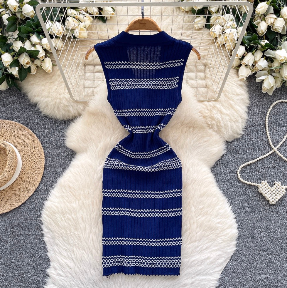 Vintage Color-blocking Stripe Knit Dress