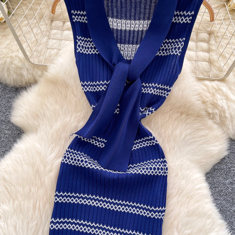 Vintage Color-blocking Stripe Knit Dress