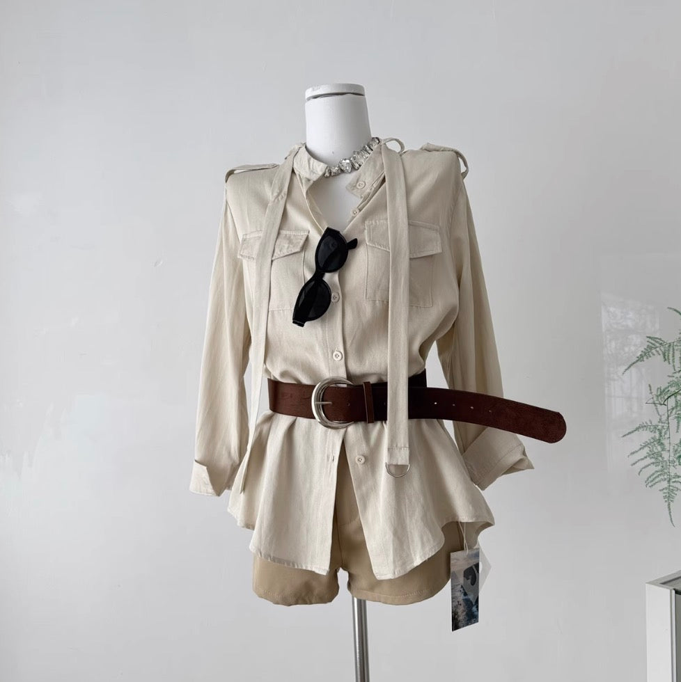 Lace-up Shirt & Khaki Shorts 2Pcs