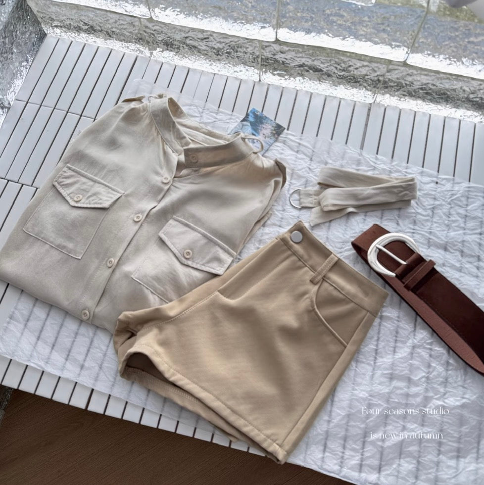 Lace-up Shirt & Khaki Shorts 2Pcs