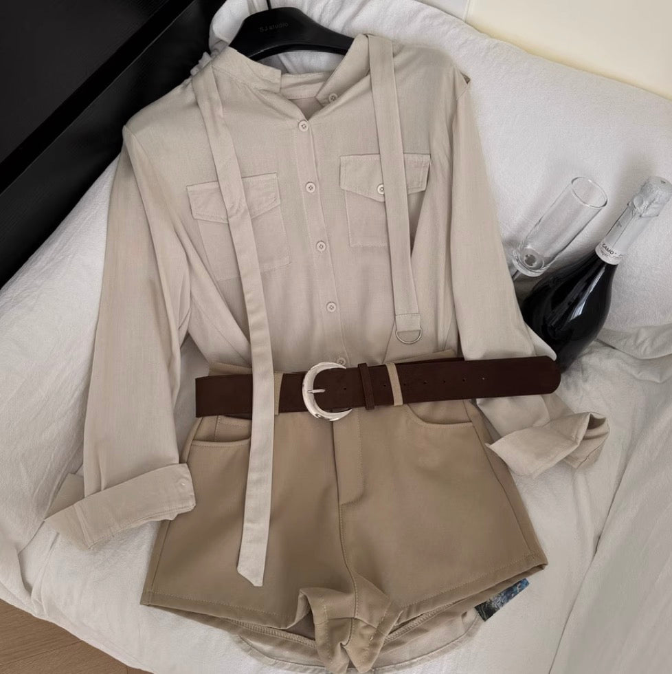 Lace-up Shirt & Khaki Shorts 2Pcs