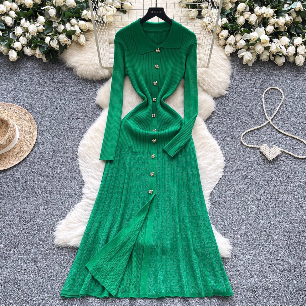 Vintage Polo Collar Knitted Shirt Dress
