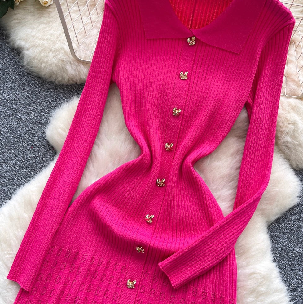 Vintage Polo Collar Knitted Shirt Dress