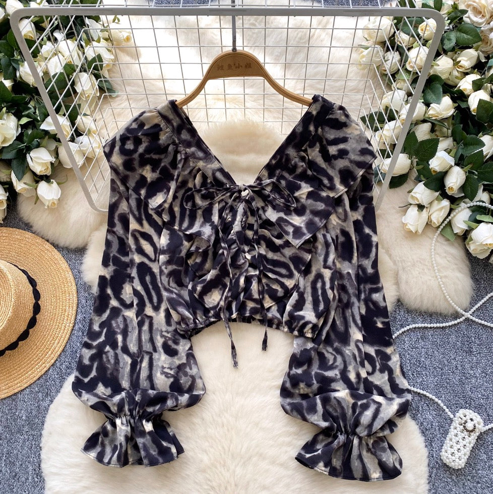 V-neck Leopard Printed Chiffon Shirt